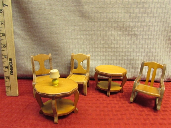 ADORABLE VINTAGE ALL WOOD DOLL HOUSE LIVING ROOM SET WITH 2 UPHOLSTERED ARM CHAIRS