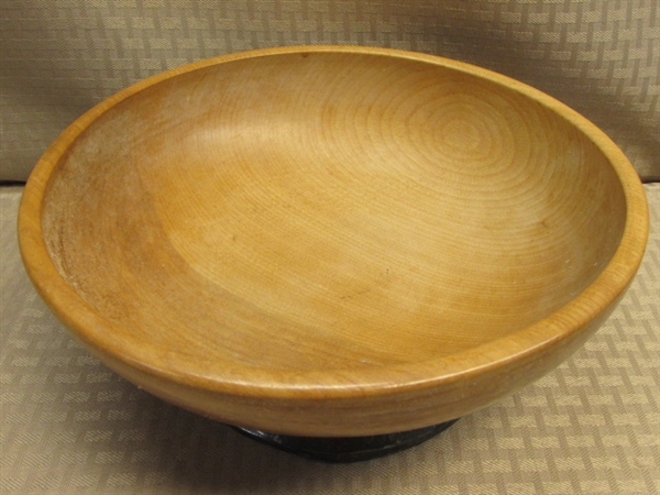 NATURAL BEAUTY-VINTAGE WOOD BOWL WITH SILVER BASE, MATCHING SILVER HANDLED SERVING UTENSILS, 5 SMALL BOWLS & COASTERS