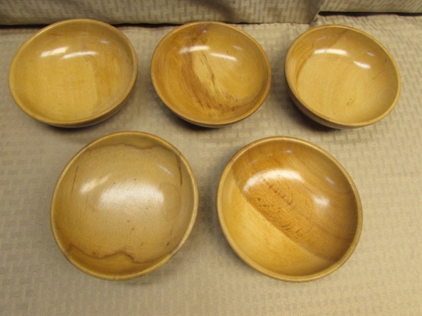 NATURAL BEAUTY-VINTAGE WOOD BOWL WITH SILVER BASE, MATCHING SILVER HANDLED SERVING UTENSILS, 5 SMALL BOWLS & COASTERS