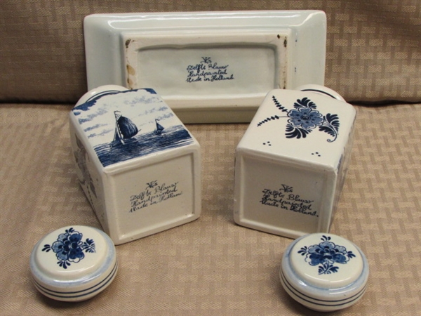 RARE, PRETTY VINTAGE DELFTS BLAUW (DELFT BLUE) HAND PAINTED CANISTERS & TRAY-MADE IN HOLLAND