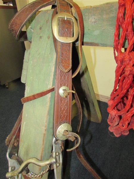 NEAT WESTERN LEATHER BRIDLE WITH SILVER PLATE CONCHOS, BIT & REINS PLUS 2 HAY NETS & A WOODEN SAW HORSE TO HOLD YOUR STUFF.