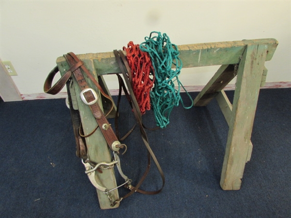 NEAT WESTERN LEATHER BRIDLE WITH SILVER PLATE CONCHOS, BIT & REINS PLUS 2 HAY NETS & A WOODEN SAW HORSE TO HOLD YOUR STUFF.