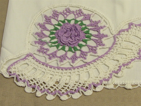 TWO NEVER USED PILLOW CASES WITH EXPERTLY DONE CROCHET LACE DETAILS