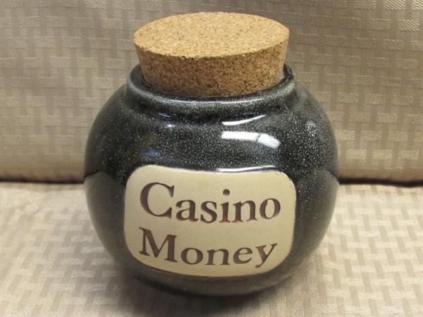 COOKIES, FLOUR, CANDY OR DOGGIE TREATS . . .TWO GLASS CANISTERS WITH METAL LIDS, WOOD PAPER TOWEL RACK & PEDESTAL DISH & CASINO MONEY JAR