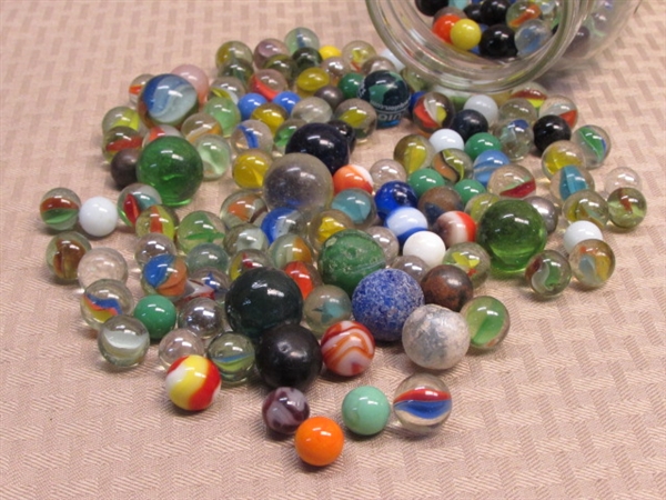VINTAGE MARBLES!  HALF A 3 PINT BALL JAR OF MARBLES OF VARIOUS STYLES & SIZES