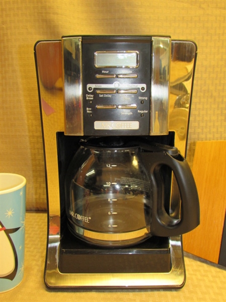 COFFEE TIME!  NICE MR. COFFEE PROGRAMMABLE 12 CUP COFFEE MAKER, CLOCK & 2 CUTE MUGS