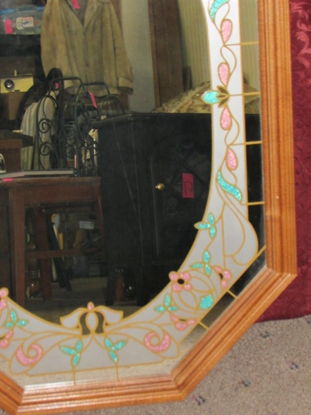 VERY PRETTY MIRROR WITH WOOD FRAME & FROSTED FLORAL DETAILS