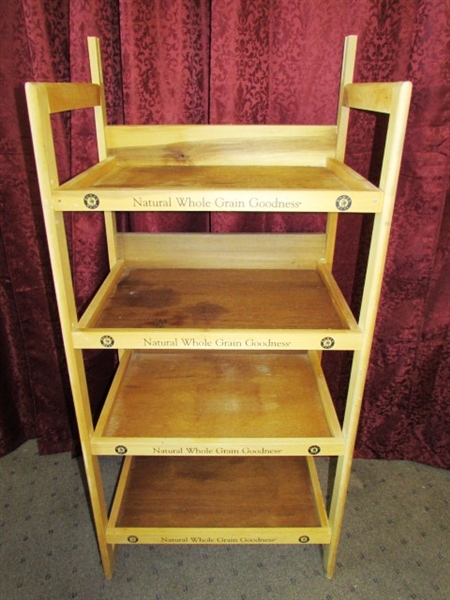 HANDY ALL WOOD 4 SHELF  DISPLAY RACK-PERFECT FOR THE PANTRY, GREAT IN THE GARAGE!