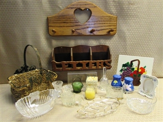 CARVED WOOD LETTER RACK & HAT RACK, COLLECTIBLE DEPRESSION GLASS SCOTTIE DOG CREAMER & HORSE DRAWN CART DISH & . . . 