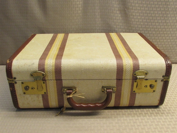 VINTAGE TWEED SUITCASE WITH LEATHER TRIM-KEY INCLUDED!