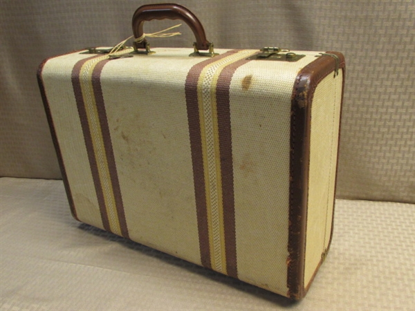 VINTAGE TWEED SUITCASE WITH LEATHER TRIM-KEY INCLUDED!