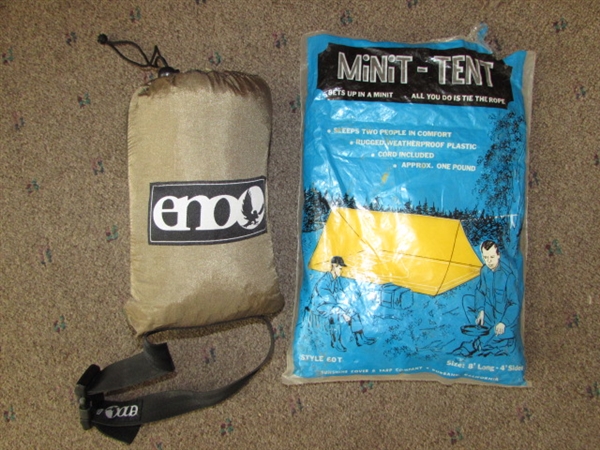 HANG AROUND ON YOUR NEXT CAMPING TRIP!  AWESOME ENO PORTABLE NYLON CAMP HAMMOCK & VINTAGE MINIT-TENT
