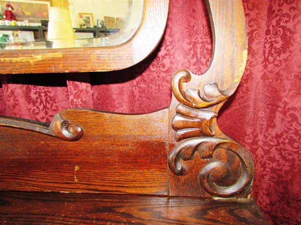 CAPTIVATING ANTIQUE BOWFRONT VICTORIAN DRESSER WITH BEVELED CHEVAL HARP SHAPED MIRROR
