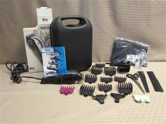 GREAT HAIR CUTS AT HOME!  WAHL HOME HAIR CUTTING KIT-CLIPPERS, 12 COMB/ATTACHMENTS, SCISSORS, COMBS & MORE