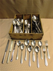 LOADS OF FLATWARE, PRIMARILY STAINLESS STEEL, IN A PRIMITIVE WOOD BOX!