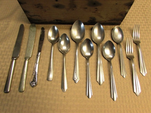 LOADS OF FLATWARE, PRIMARILY STAINLESS STEEL, IN A PRIMITIVE WOOD BOX!