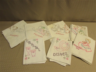 ADORABLE HAND CRAFTED "DAYS OF THE WEEK" VINTAGE MUSLIN HAND TOWELS