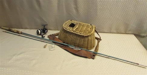 A RIVER RUNS THROUGH IT-VINTAGE WICKER & LEATHER FISHING CREEL, POLE, REEL & MORE