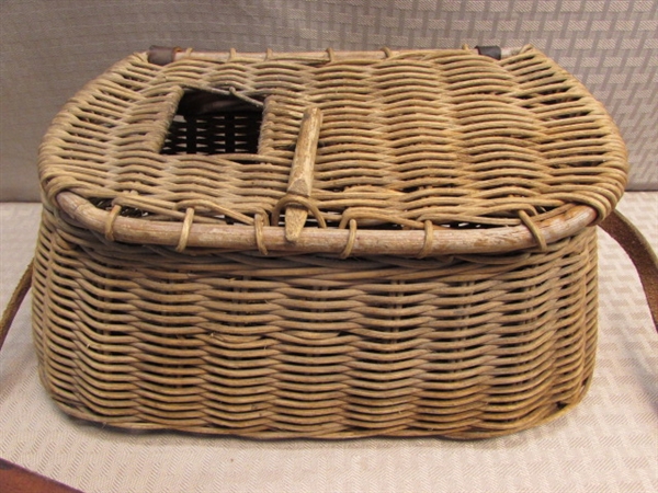 A RIVER RUNS THROUGH IT-VINTAGE WICKER & LEATHER FISHING CREEL, POLE, REEL & MORE