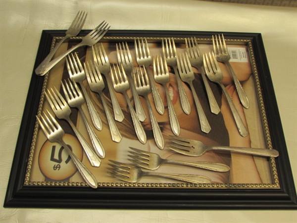 FORKS & A FRAME!  TWO DOZEN SILVER PLATE FORKS & A NEVER USED PICTURE FRAME