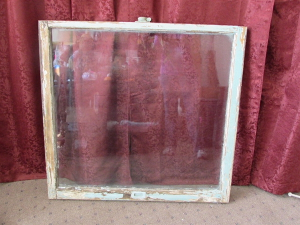 ANTIQUE SINGLE PANE WINDOW IN  RUSTIC WOOD FRAME WITH ORIGINAL GLASS