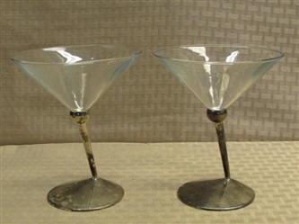 COCKTAIL HOUR!  TWO LOVELY MARTINI CLASSES WITH SILVER PLATE STEMS 