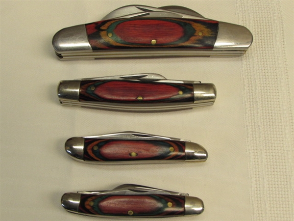 SET OF FOUR RAINBOW WOOD HANDLED POCKET KNIVES IN CUSTOM WOOD BOX 