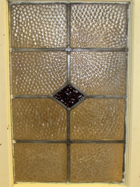 ANTIQUE WOOD FRAMED LEADED TEXTURED GLASS WINDOW WITH DEEP RED GLASS DIAMOND CENTER