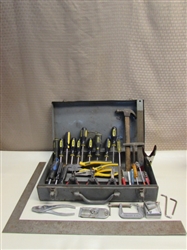 HANDY METAL BOSCH TOOL CASE WITH A GREAT VARIETY OF TOOLS-STANLEY SCREW DRIVERS & PLIERS, LEVEL, SQUARE & MORE