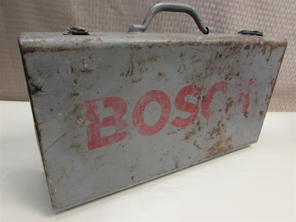 HANDY METAL BOSCH TOOL CASE WITH A GREAT VARIETY OF TOOLS-STANLEY SCREW DRIVERS & PLIERS, LEVEL, SQUARE & MORE