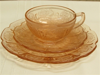 TIME FOR A TEA PARTY!  DELICATE JEANETTE DEPRESSION GLASS TEA CUP, SAUCER & SNACK PLATE IN PINK CHERRY BLOSSOM PATTERN