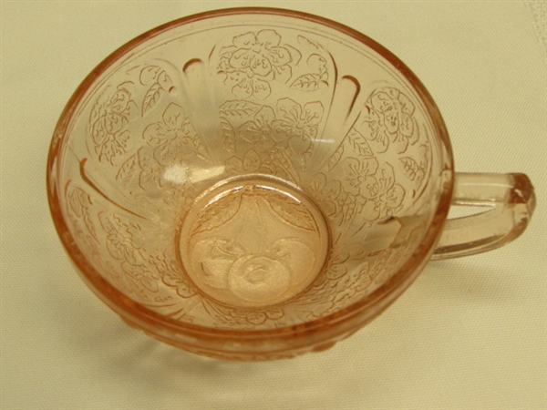 TIME FOR A TEA PARTY!  DELICATE JEANETTE DEPRESSION GLASS TEA CUP, SAUCER & SNACK PLATE IN PINK CHERRY BLOSSOM PATTERN