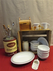 RUSTIC RANCH KITCHEN-RANCH WARE BOWLS & MUGS, CROCK, COFFEE TIN, WOODEN CRATE, PRESSED GLASS PITCHER & UTENSILS