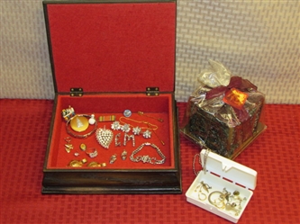 JEWELS BY CANDLELIGHT-WOOD JEWELRY BOX WITH RHINESTONES, 14K GOLD & MORE PLUS A NEVER BURNED CANDLE