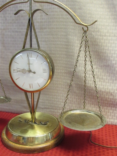 THE SCALES OF JUSTICE-BRASS MANTLE CLOCK WITH SCALES & MAJESTIC EAGLE FINIAL