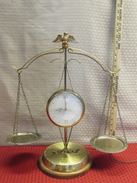 THE SCALES OF JUSTICE-BRASS MANTLE CLOCK WITH SCALES & MAJESTIC EAGLE FINIAL