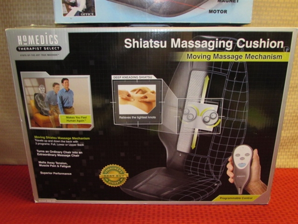 HIS & HERS MASSAGING SEAT CUSHIONS-NIB HOMEDICS SHIATSU & LIKE NEW COMFORT PRODUCTS CUSHION