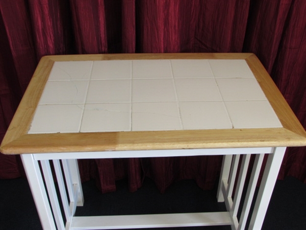 CHARMING WHITE TILE TOPPED TABLE/STAND
