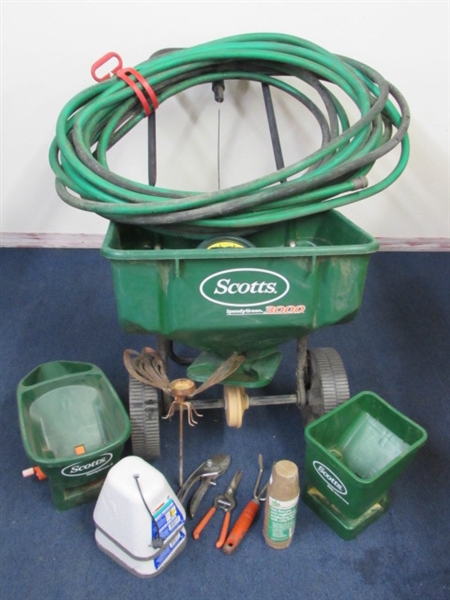 LAWN SEED/FERTILIZER SPREADERS, 100' OF HOSE, HAND TOOLS, WATER TIMER, SPRINKLERS & MORE