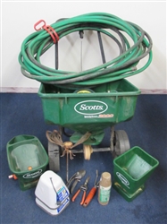 LAWN SEED/FERTILIZER SPREADERS, 100 OF HOSE, HAND TOOLS, WATER TIMER, SPRINKLERS & MORE
