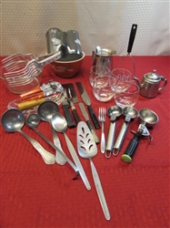 NICE ASSORTMENT OF EVERYDAY HANDY KITCHEN ITEMS-PYREX BOWLS,  SS LADLES & ICE CREAM SCOOPS & LOTS MORE