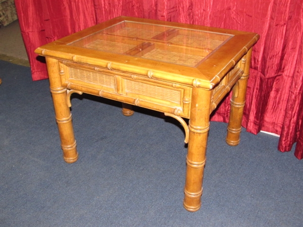 MATCHING  SQUARE SIDE TABLE WITH CANE ACCENTS & GLASS INSERT TOP