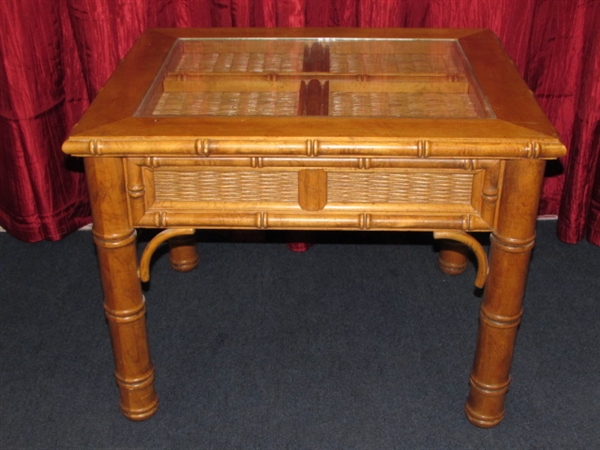 MATCHING  SQUARE SIDE TABLE WITH CANE ACCENTS & GLASS INSERT TOP