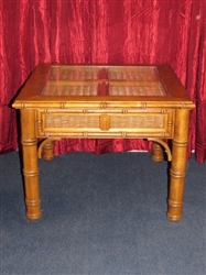 A LARGER SQUARE (28" x 28") SIDE TABLE WITH CANE ACCENTS & GLASS INSERT TOP 