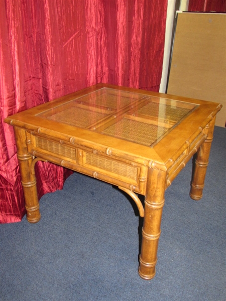 A LARGER SQUARE (28 x 28) SIDE TABLE WITH CANE ACCENTS & GLASS INSERT TOP 