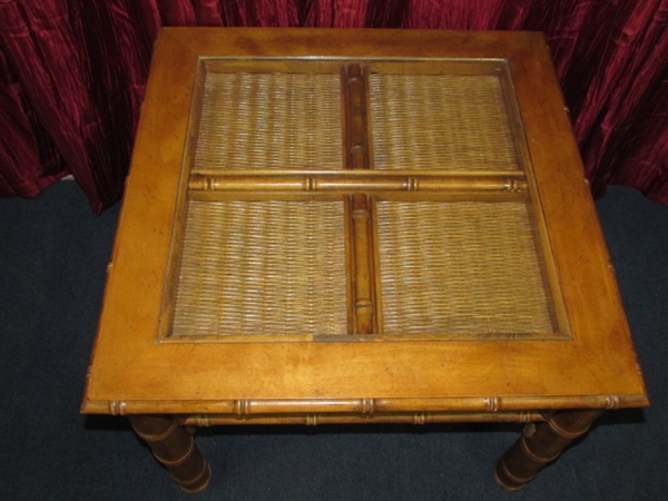 A LARGER SQUARE (28 x 28) SIDE TABLE WITH CANE ACCENTS & GLASS INSERT TOP 
