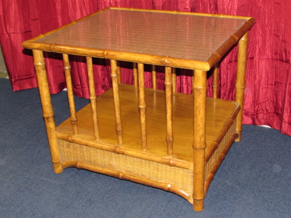 LOVELY TROPICAL LOOK  RECTANGULAR DOUBLE SHELF SIDE END TABLE WITH CARVED RAILS, CANE DETAILS & GLASS TOP