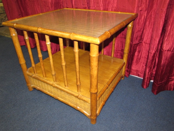 LOVELY TROPICAL LOOK  RECTANGULAR DOUBLE SHELF SIDE END TABLE WITH CARVED RAILS, CANE DETAILS & GLASS TOP
