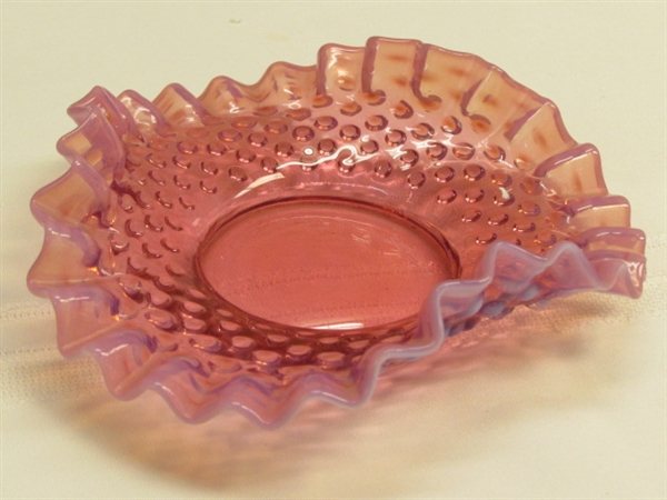 GORGEOUS VINTAGE DISHES- HOBNAIL PINK OPALESCENT RUFFLE EDGED, CLEAR BUBBLE GLASS & SHAMROCK DISH