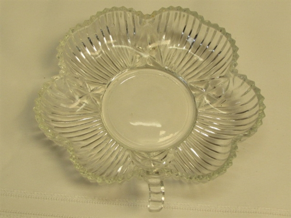 GORGEOUS VINTAGE DISHES- HOBNAIL PINK OPALESCENT RUFFLE EDGED, CLEAR BUBBLE GLASS & SHAMROCK DISH